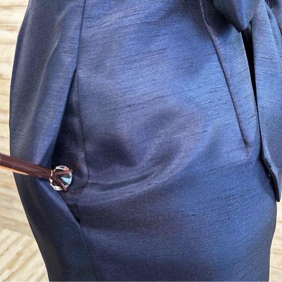 Jenny Yoo Cadie Bow Detail Shantung Sheath Dress Size 4 Navy Pockets Sleeveless - Picture 8 of 17